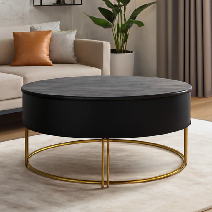 Modern Luxe Round Coffee Table – Black Matte Top with Gold Metal Base