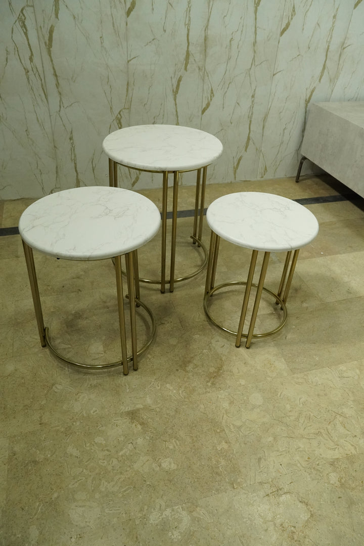 Luxury Nesting Side Tables – White Marble Finish with Gold Frame