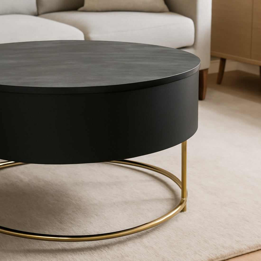 Modern Luxe Round Coffee Table – Black Matte Top with Gold Metal Base