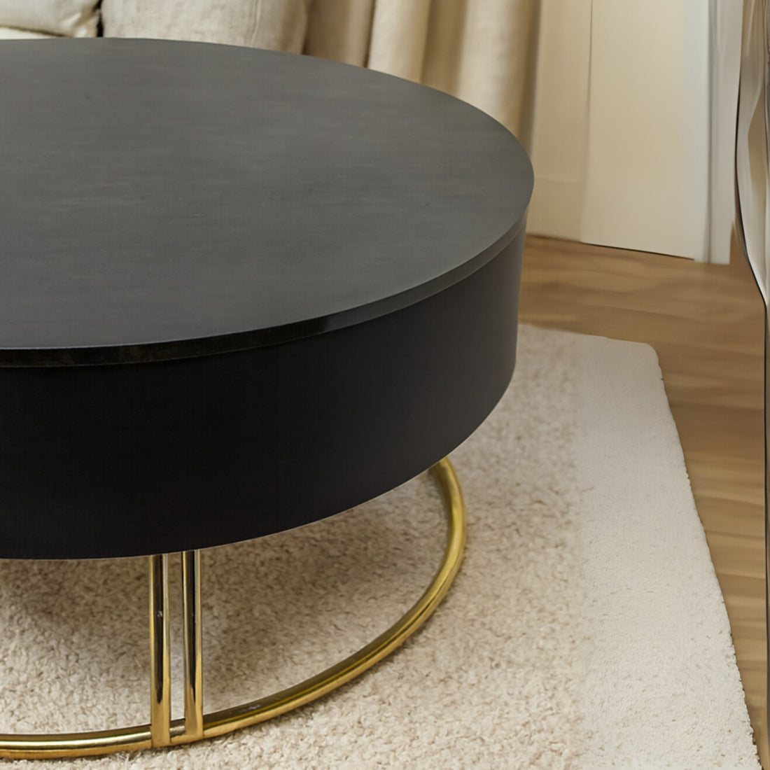 Modern Luxe Round Coffee Table – Black Matte Top with Gold Metal Base