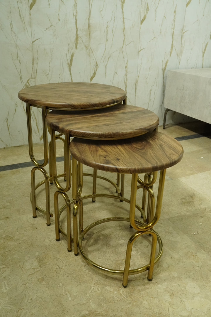 Rustic Luxe Nesting Tables – Walnut Wood Finish with Gold Frame