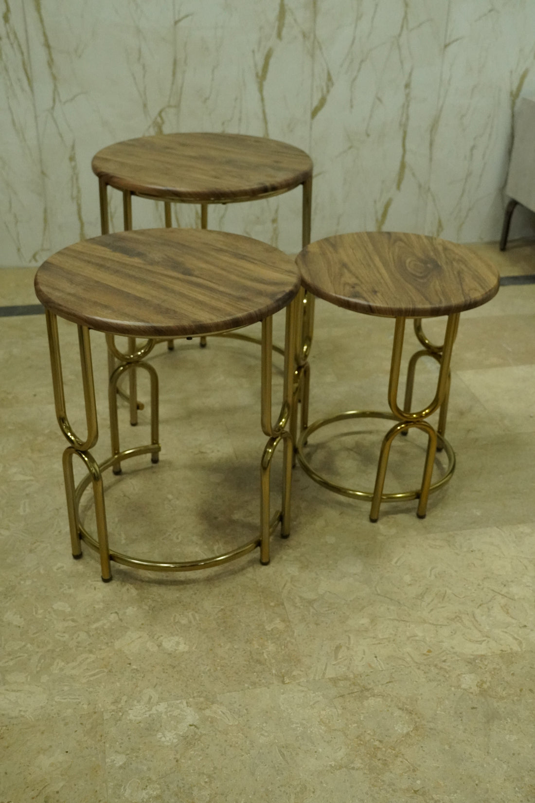 Rustic Luxe Nesting Tables – Walnut Wood Finish with Gold Frame