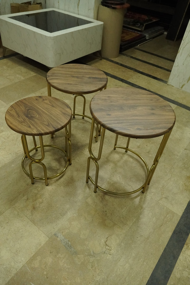 Rustic Luxe Nesting Tables – Walnut Wood Finish with Gold Frame
