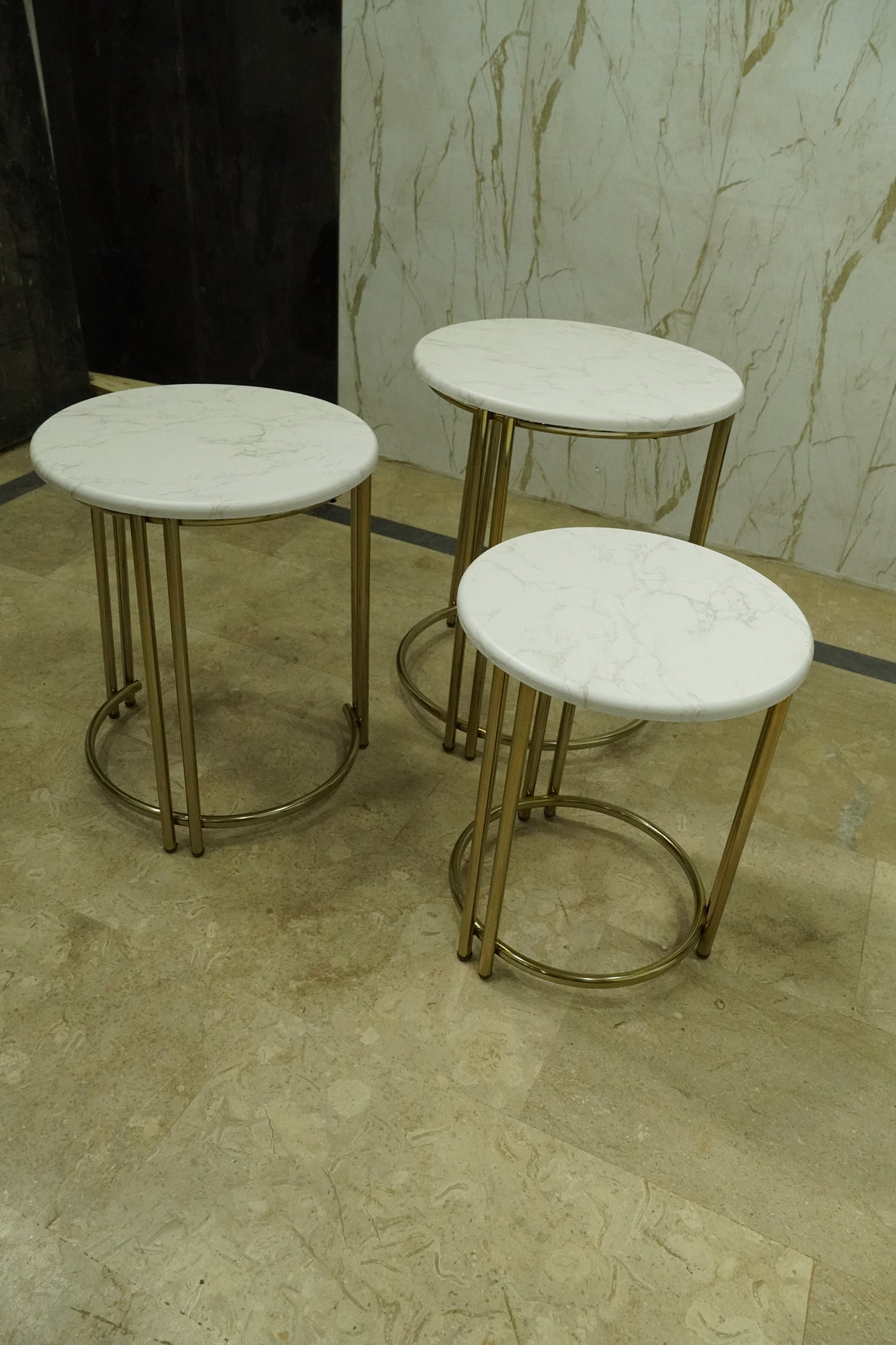 Luxury Nesting Side Tables – White Marble Finish with Gold Frame