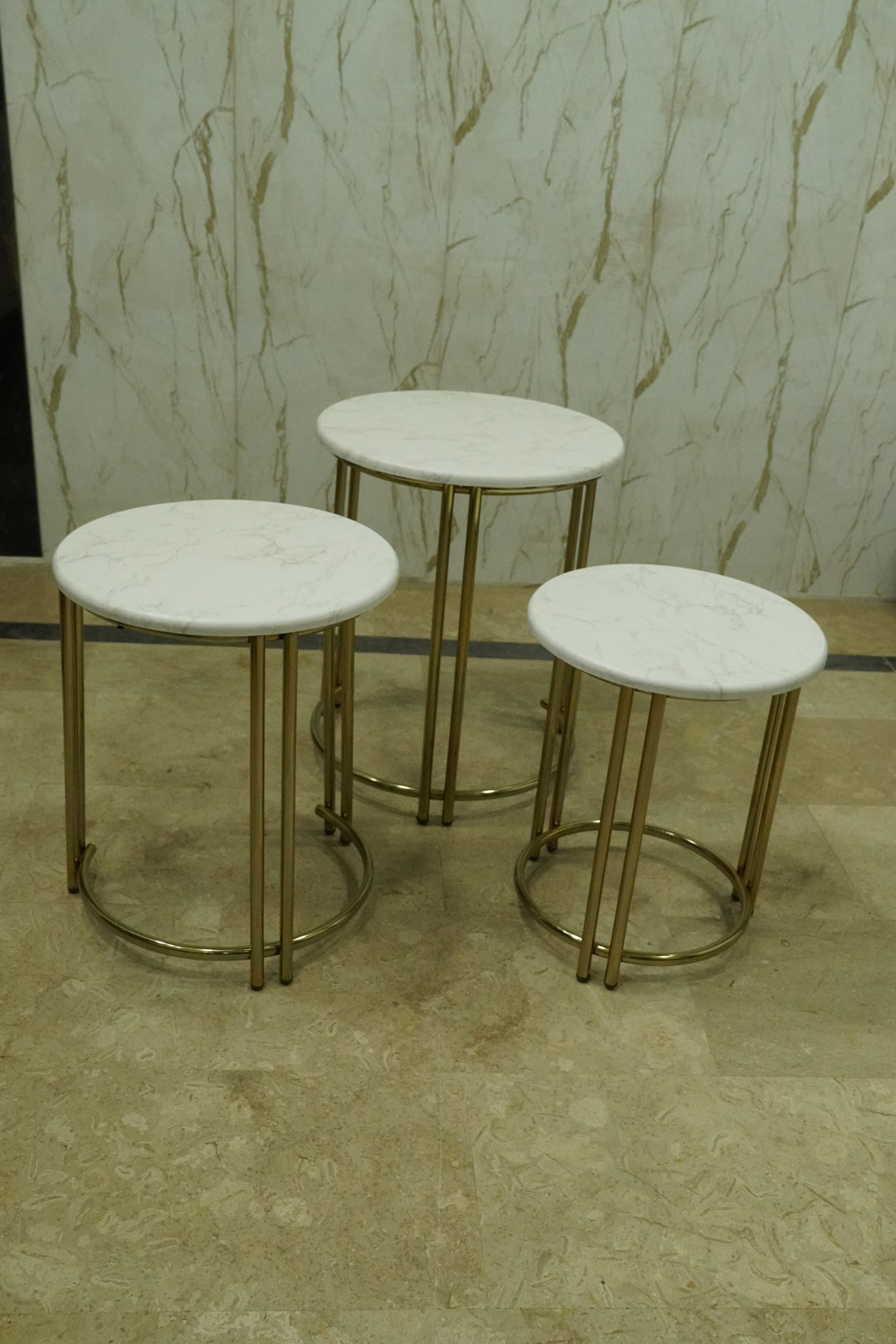 Luxury Nesting Side Tables – White Marble Finish with Gold Frame
