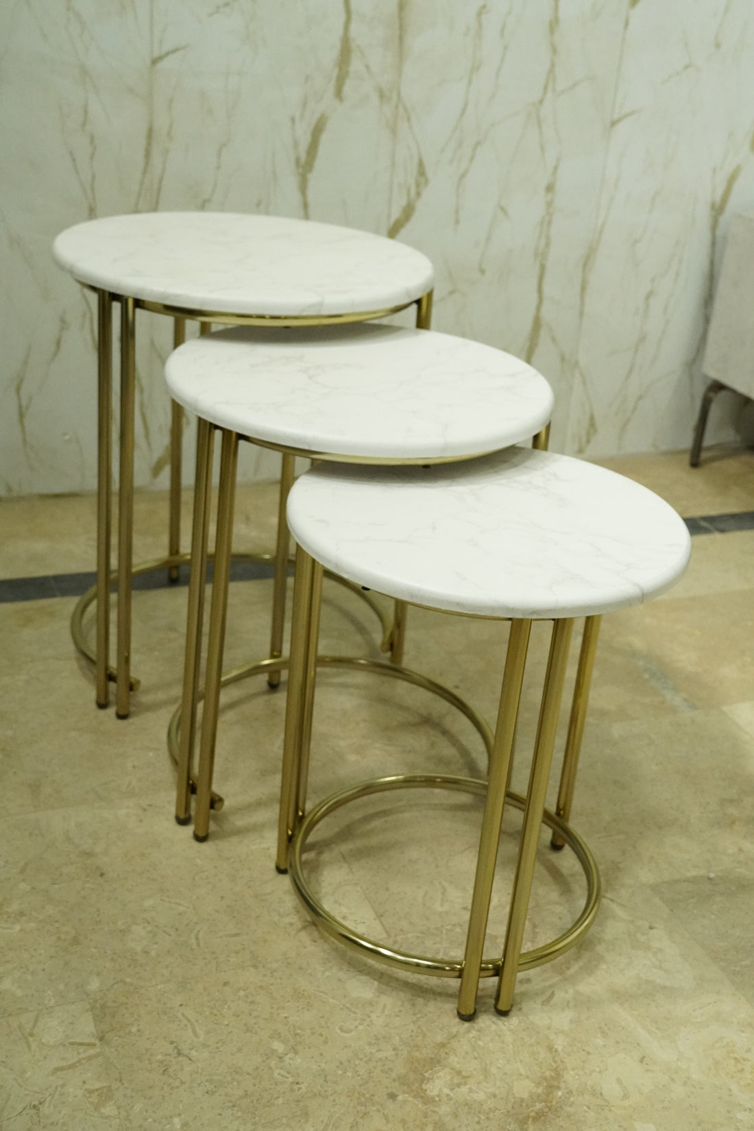 Luxury Nesting Side Tables – White Marble Finish with Gold Frame