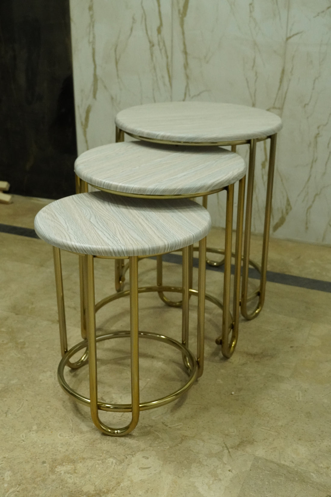 Luxury Nesting Side Tables – White Marble Finish with Gold Frame