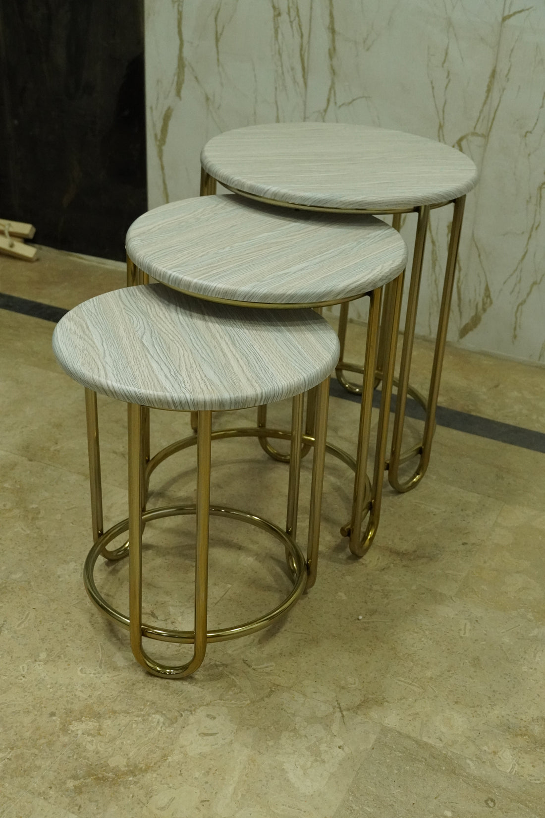 Luxury Nesting Side Tables – White Marble Finish with Gold Frame