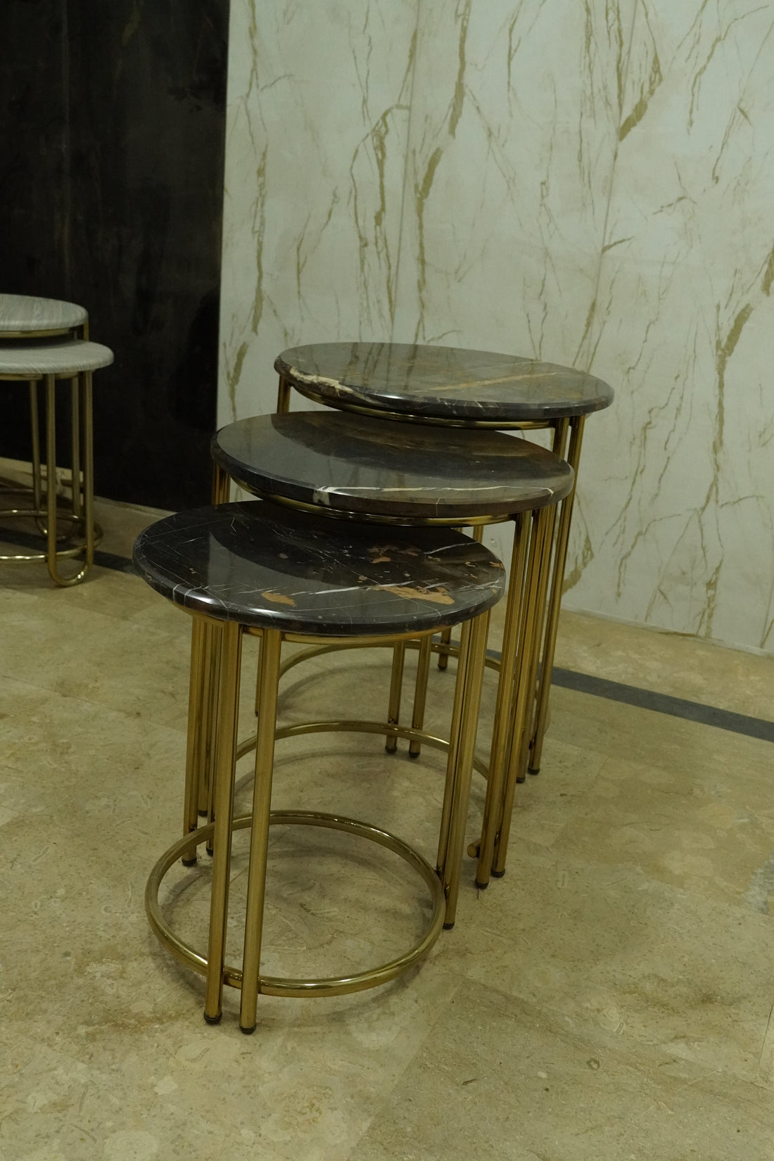 Modern Nesting Side Tables – Light Wood Finish with Gold Frame