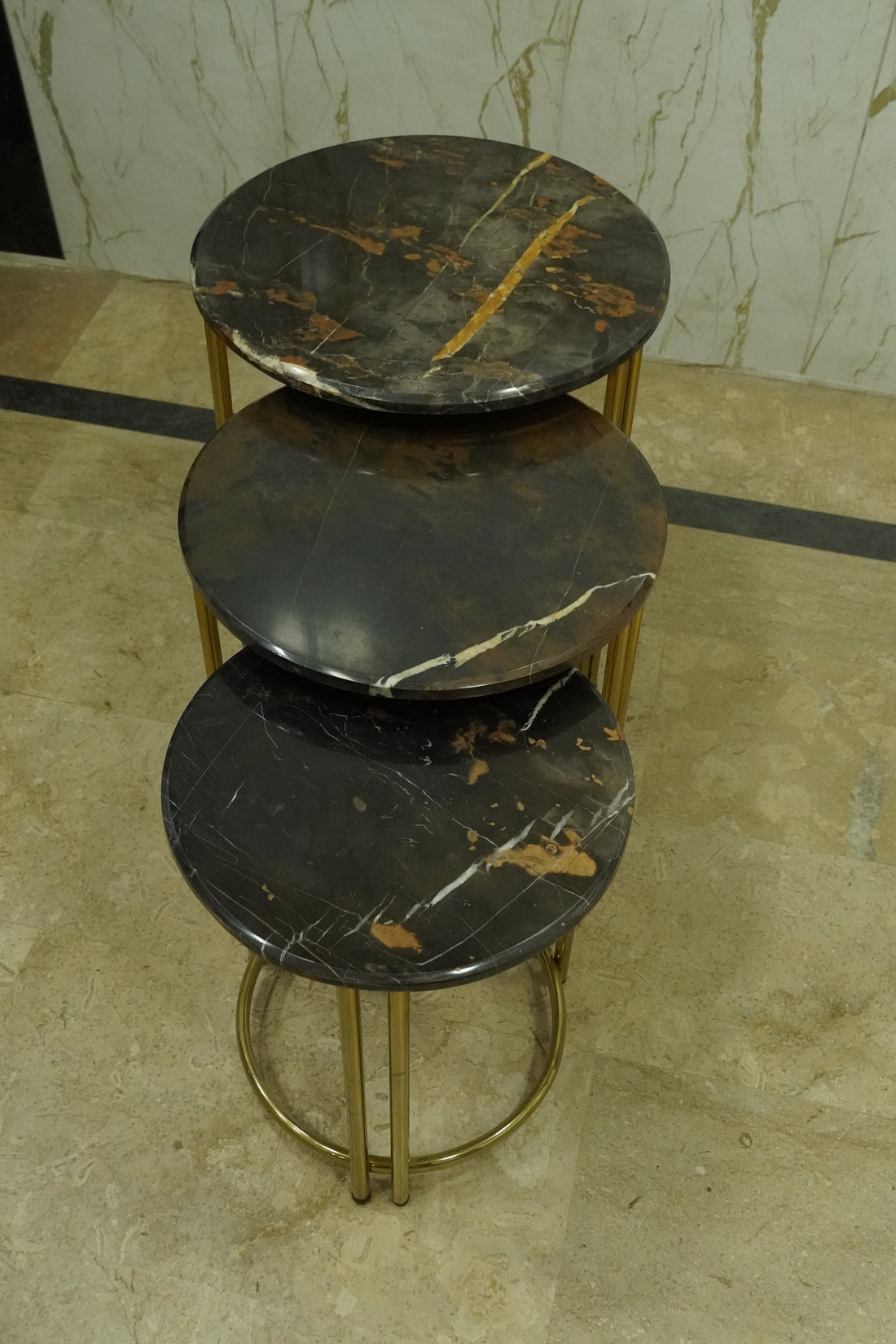 Luxury Nesting Side Tables – Black Marble Top with Gold Frame