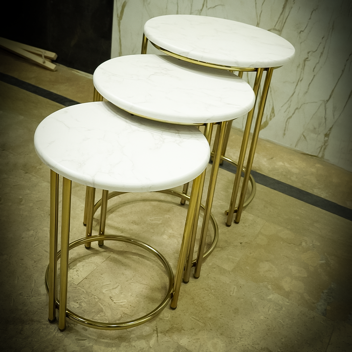 Imported PVC -Top Brass Marble finish Nesting Tables – Round Set of 3