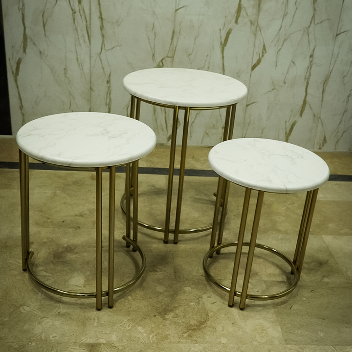 Imported PVC -Top Brass Marble finish Nesting Tables – Round Set of 3