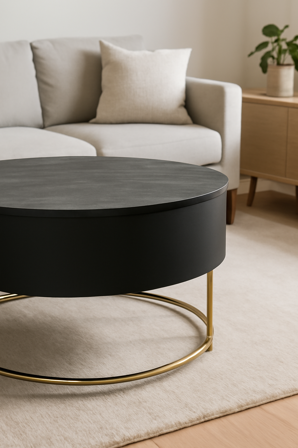 Modern Luxe Round Coffee Table – Black Matte Top with Gold Metal Base