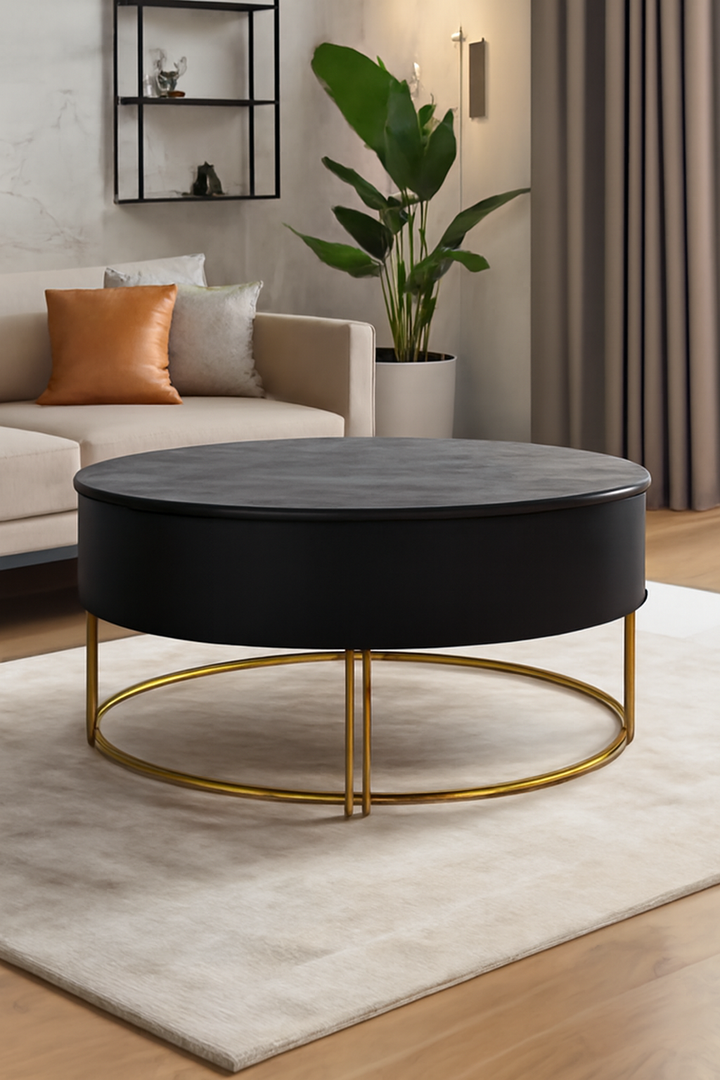 Modern Luxe Round Coffee Table – Black Matte Top with Gold Metal Base